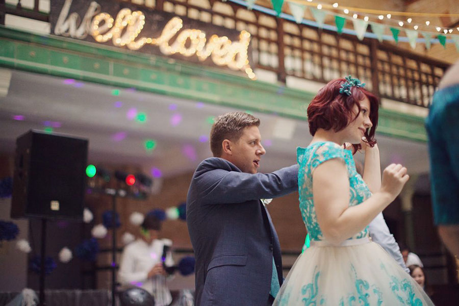 Manchester Victoria Bath wedding venue with an alternative turquoise bridal gown blue bride dress with a natural wedding photography