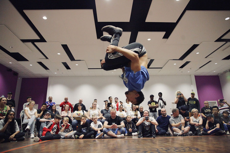 Sheffield Yorkshire breakdance event competition Dope & Mean 2017 in association with Tramlines Festival at the Sheffield Peace Gardens stage, hosted by Nathan Gordon