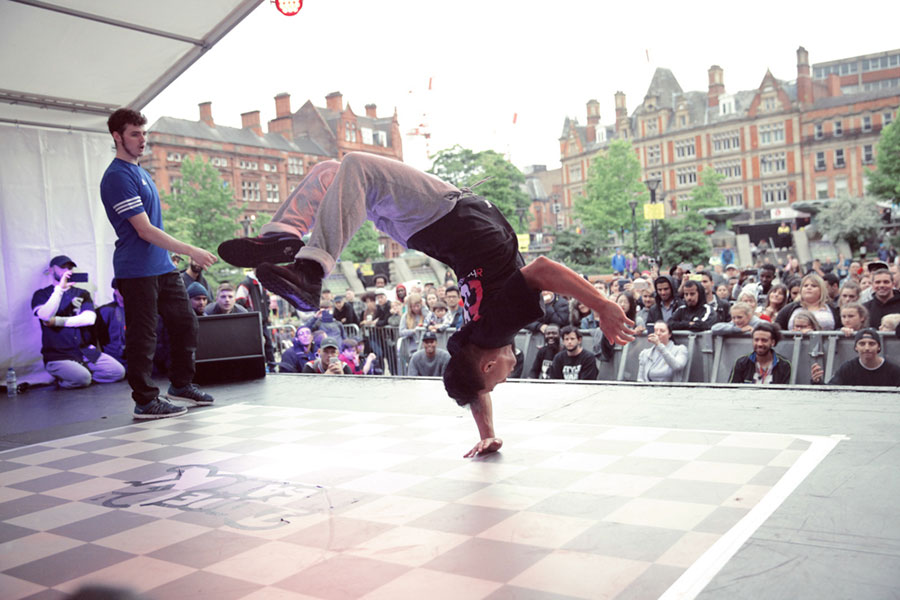 Sheffield Yorkshire breakdance event competition Dope & Mean 2017 in association with Tramlines Festival at the Sheffield Peace Gardens stage, hosted by Nathan Gordon