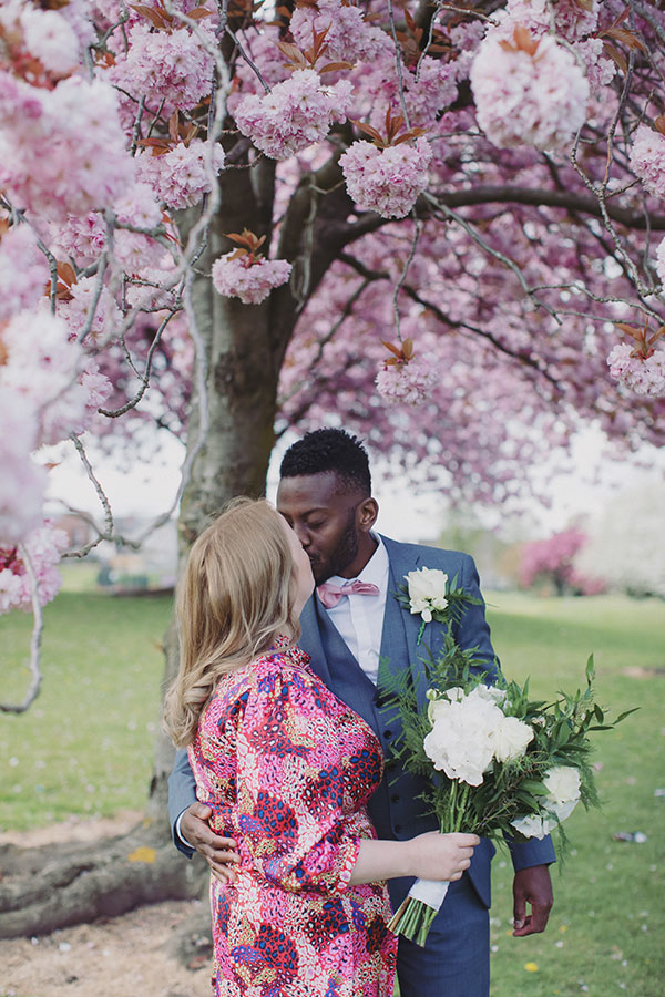 Natural wedding photography with cherry blossom trees Nottinghamshire