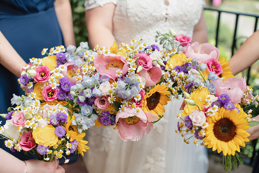 Pink and yellow wedding bouquet flowers