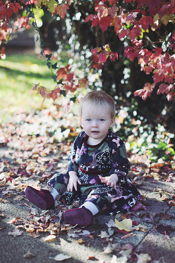 Baby in cosy dress surrounded by orange autumn leaves during outdoor birthday shoot in Derbyshire