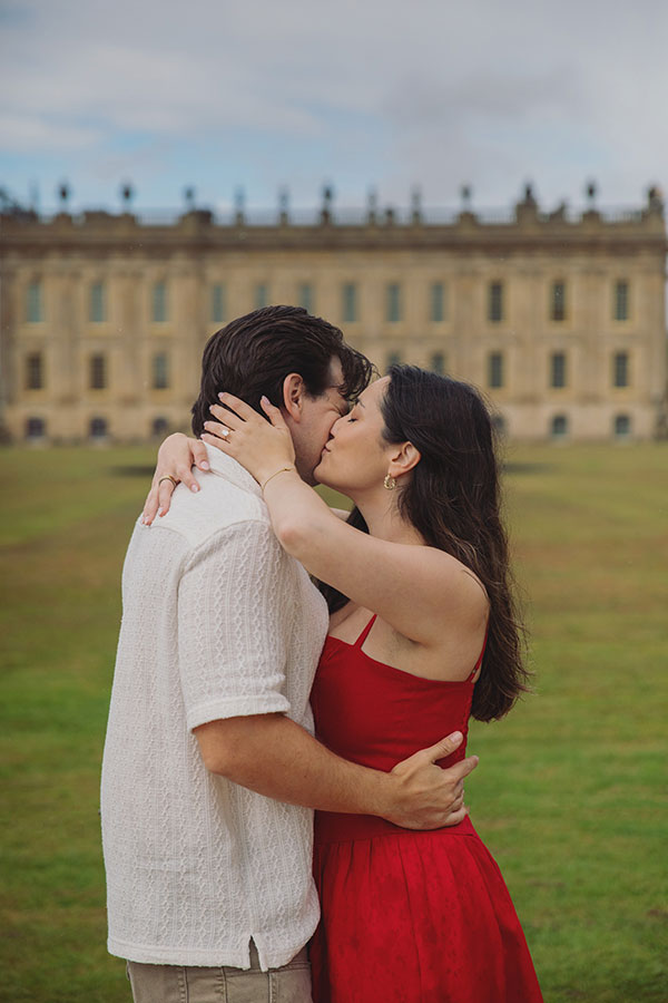 Chatsworth House Surprise wedding proposal photography with scenic gardens in the background.
