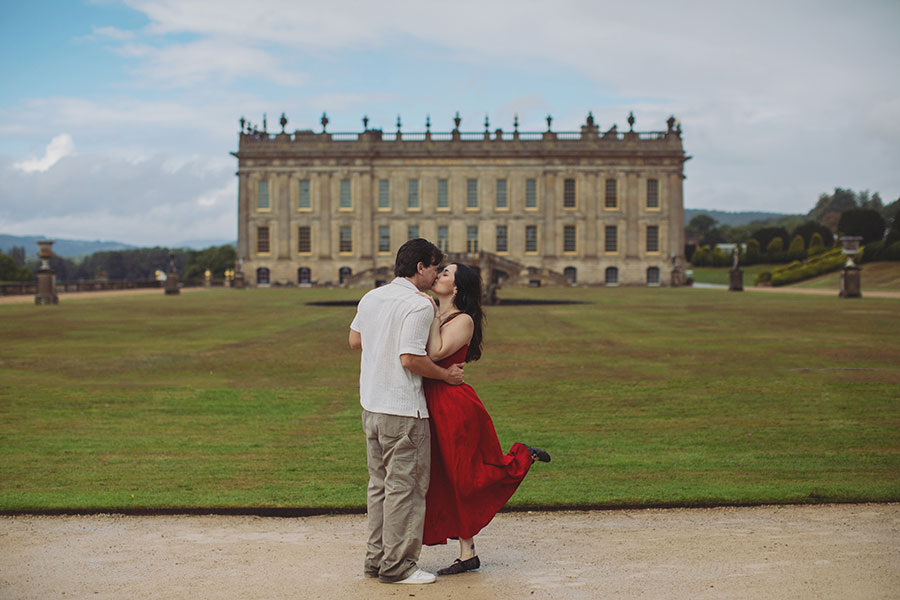 Chatsworth House Surprise wedding proposal photography with scenic gardens in the background.