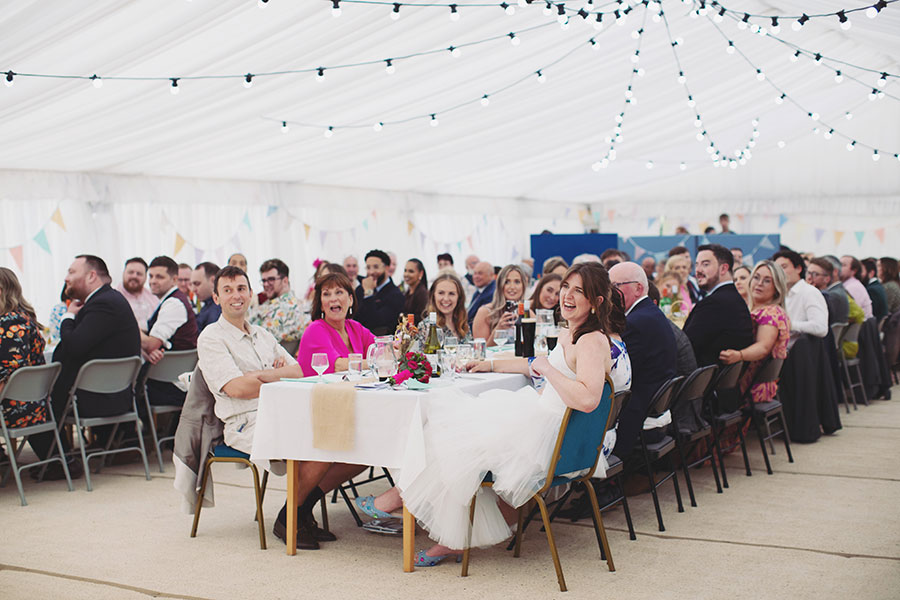 Reception décor setup inside Cliff College Hotel during Chris and Gill’s wedding celebration.