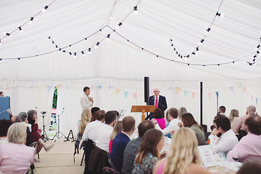 Reception décor setup inside Cliff College Hotel during Chris and Gill’s wedding celebration.