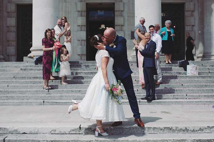 Lisa & Dean ♡ Leeds Civic Hall Wedding 1 Bride and groom on the grand entrance steps at Leeds Civic Hall wedding