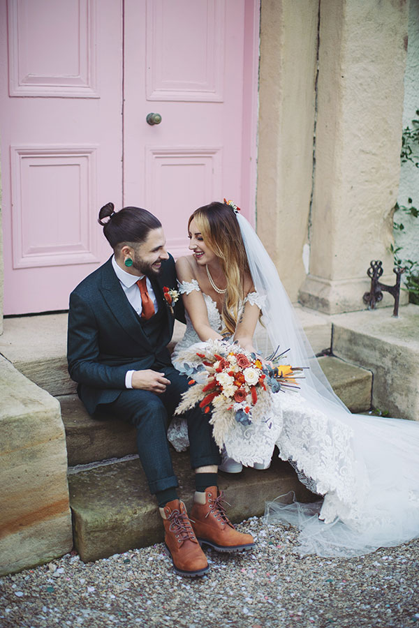 Relaxed couple photos outside The Croft Hotel wedding venue in Darlington