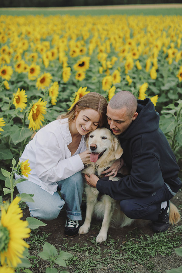 Casual summer engagement photoshoot in sunflower field with couple and their dog