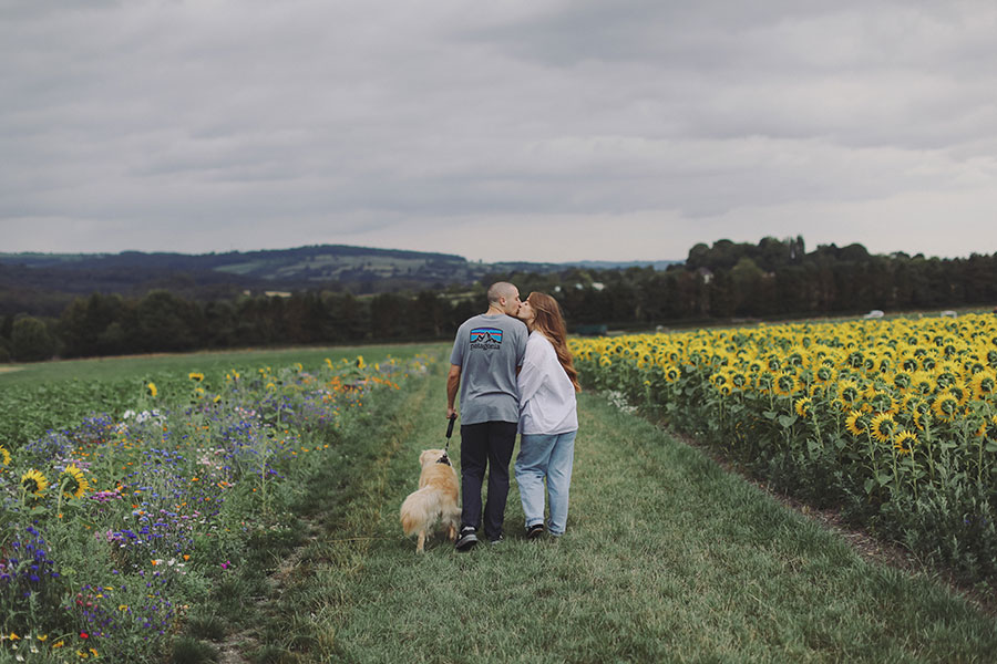 Casual summer engagement photoshoot in sunflower field with couple and their dog