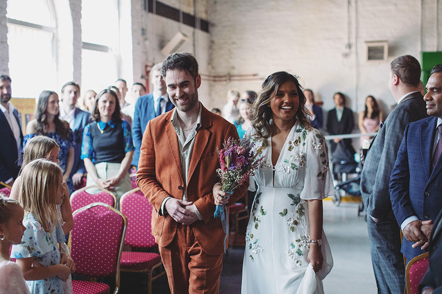 Bride and groom portraits inside Kelham Island Museum on their wedding day