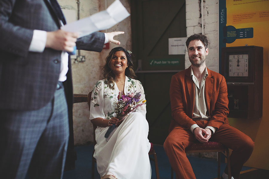 Bride and groom portraits inside Kelham Island Museum on their wedding day