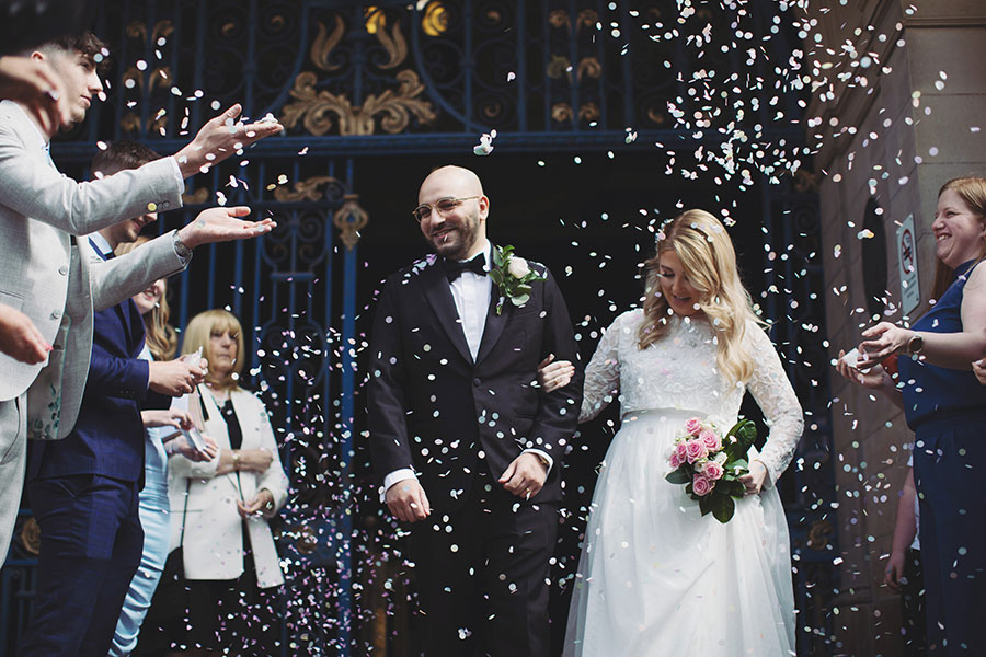 Sheffield Town Hall wedding confetti moment outside the main entrance”
