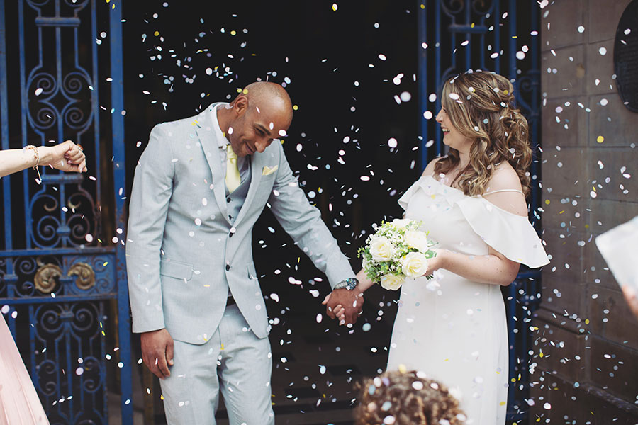 Sheffield Town Hall wedding confetti moment outside the main entrance”