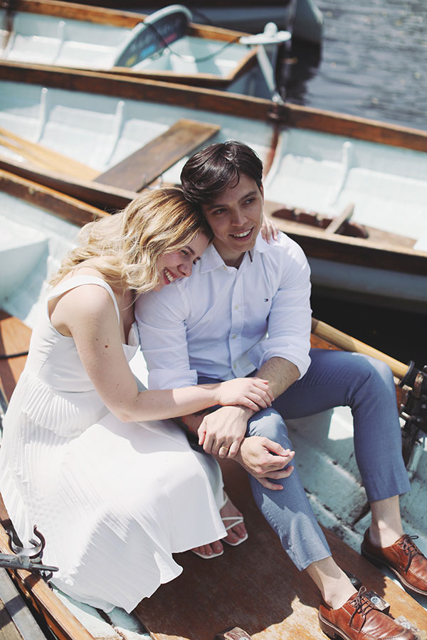 Engagement couple enjoying a sunny day on the water in Knaresborough.