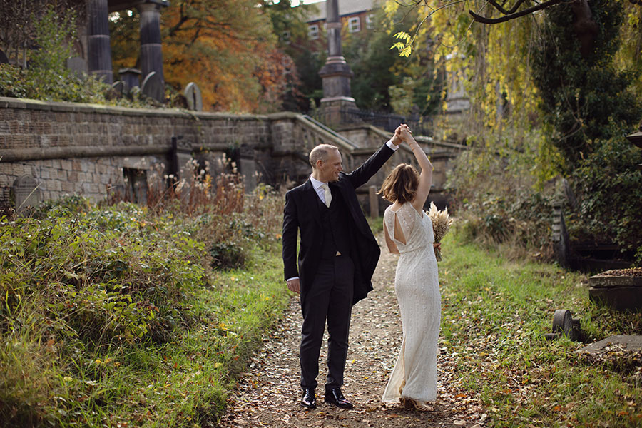 Natural couple portraits around Sheffield General Cemetery after Samuel Worth Chapel wedding