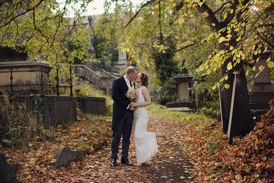 Natural couple portraits around Sheffield General Cemetery after Samuel Worth Chapel wedding