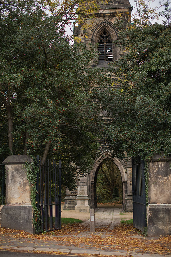 Exterior of Samuel Worth Chapel at Sheffield General Cemetery during wedding day