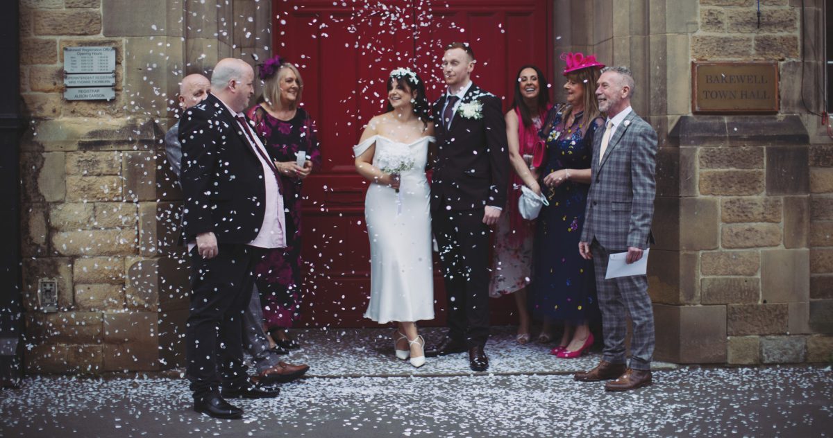 Bakewell Town Hall elopement photographer captures confetti moment