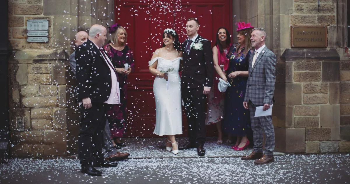 Home 14 Bakewell Town Hall elopement photographer captures confetti moment