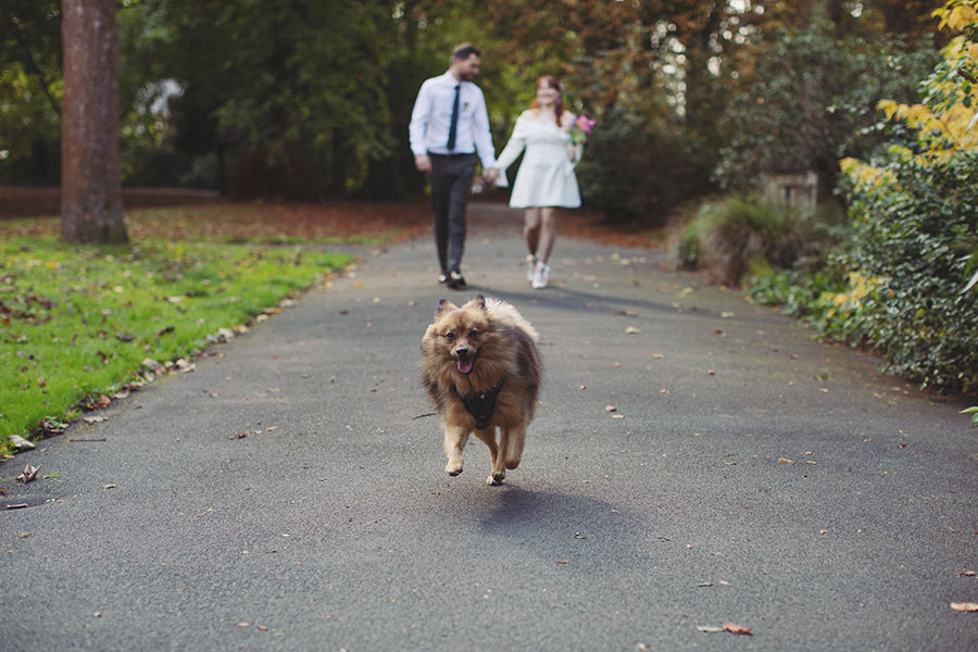Manchester wedding photography capturing Rebecca and Tom with friends in the gardens