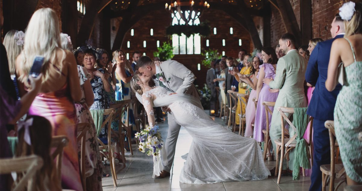 Wedding dippy first kiss wedding photo at Grangefields Barn