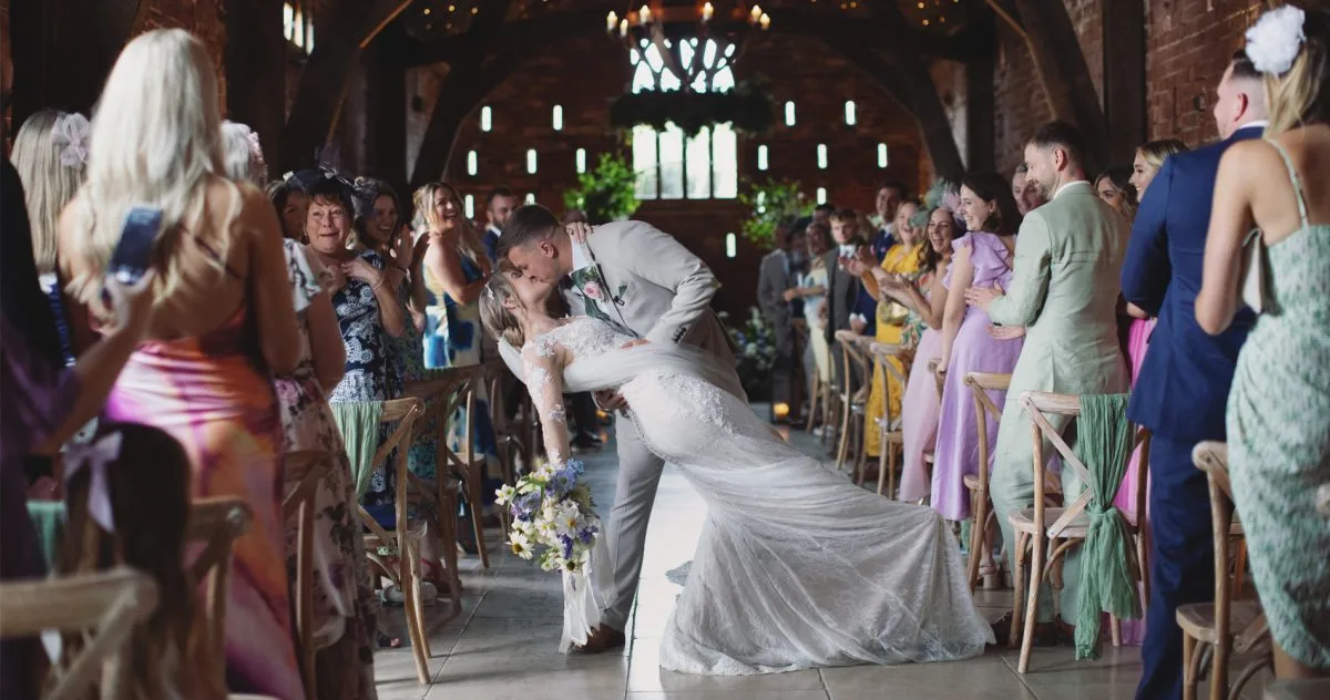 Home 4 Wedding dippy first kiss wedding photo at Grangefields Barn