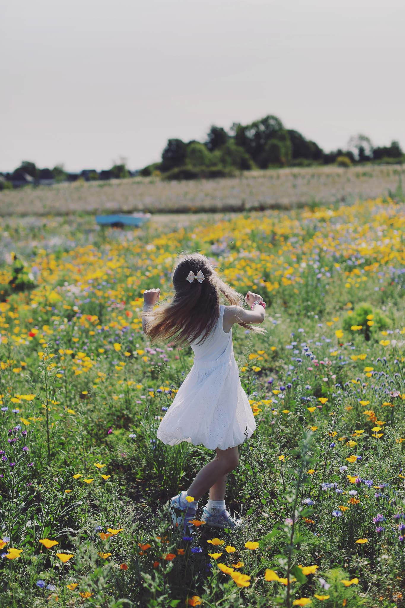 Girl playing in a sunflower field