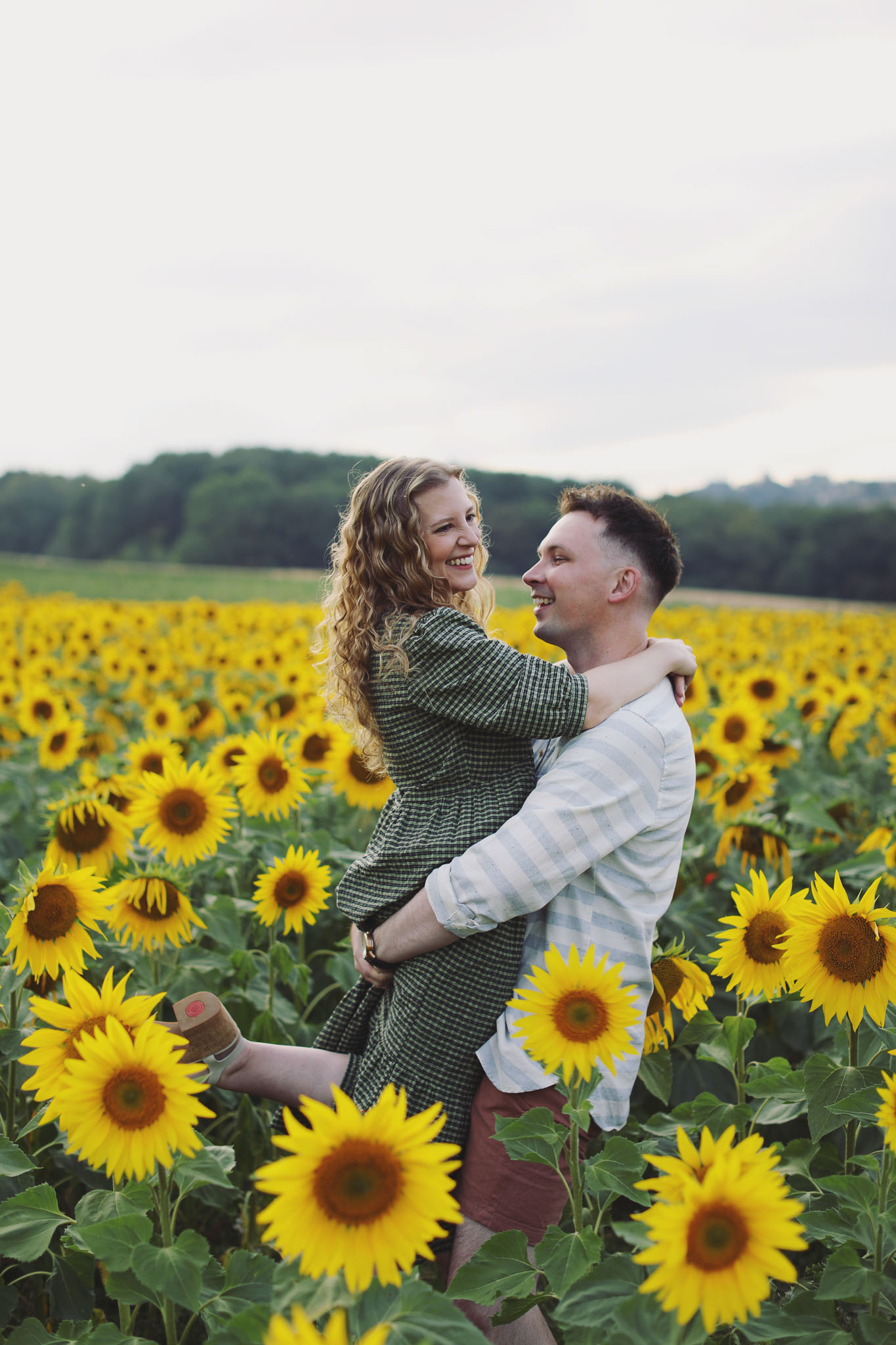 Portrait photography at Barlow Sunflower Fields with rows of bright yellow flowers