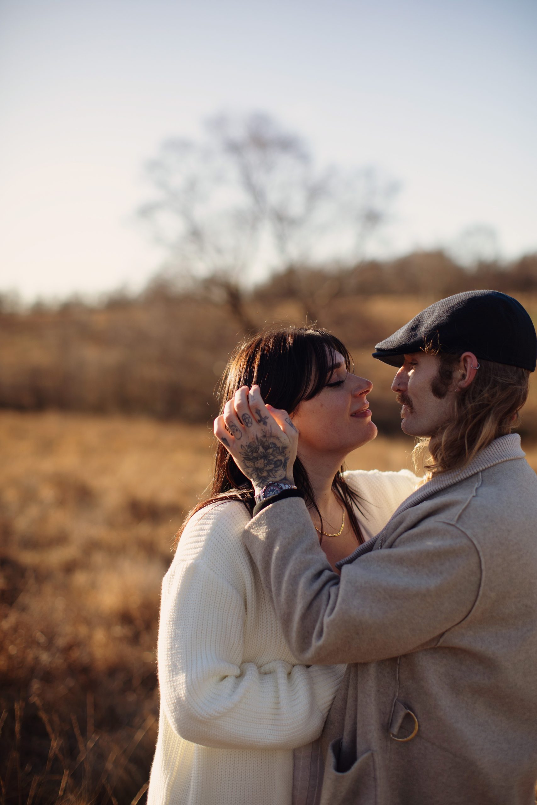 Cat & Liam ♡ Engagement Photoshoot at Shillito Woods 24 Romantic portrait of newly engaged couple Cat and Liam enjoying the November sunshine in the Peak District.