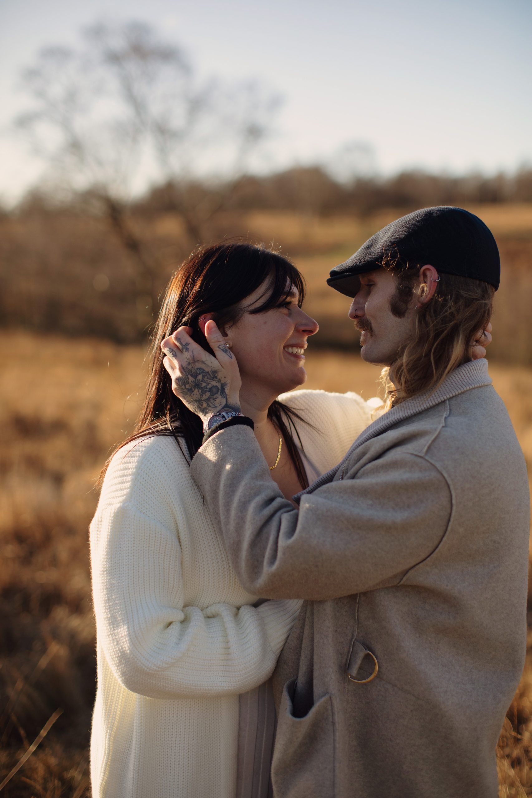 Cat & Liam ♡ Engagement Photoshoot at Shillito Woods 25 Romantic portrait of newly engaged couple Cat and Liam enjoying the November sunshine in the Peak District.